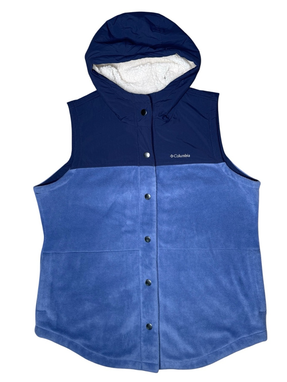 Columbia Benton Springs Fleece Overlay Vest 1X Hooded Sherpa Snap Button Blue